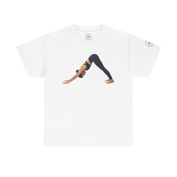 White T-shirt with yoga pose graphic by S&amp;W Gallus featuring a minimalist design.