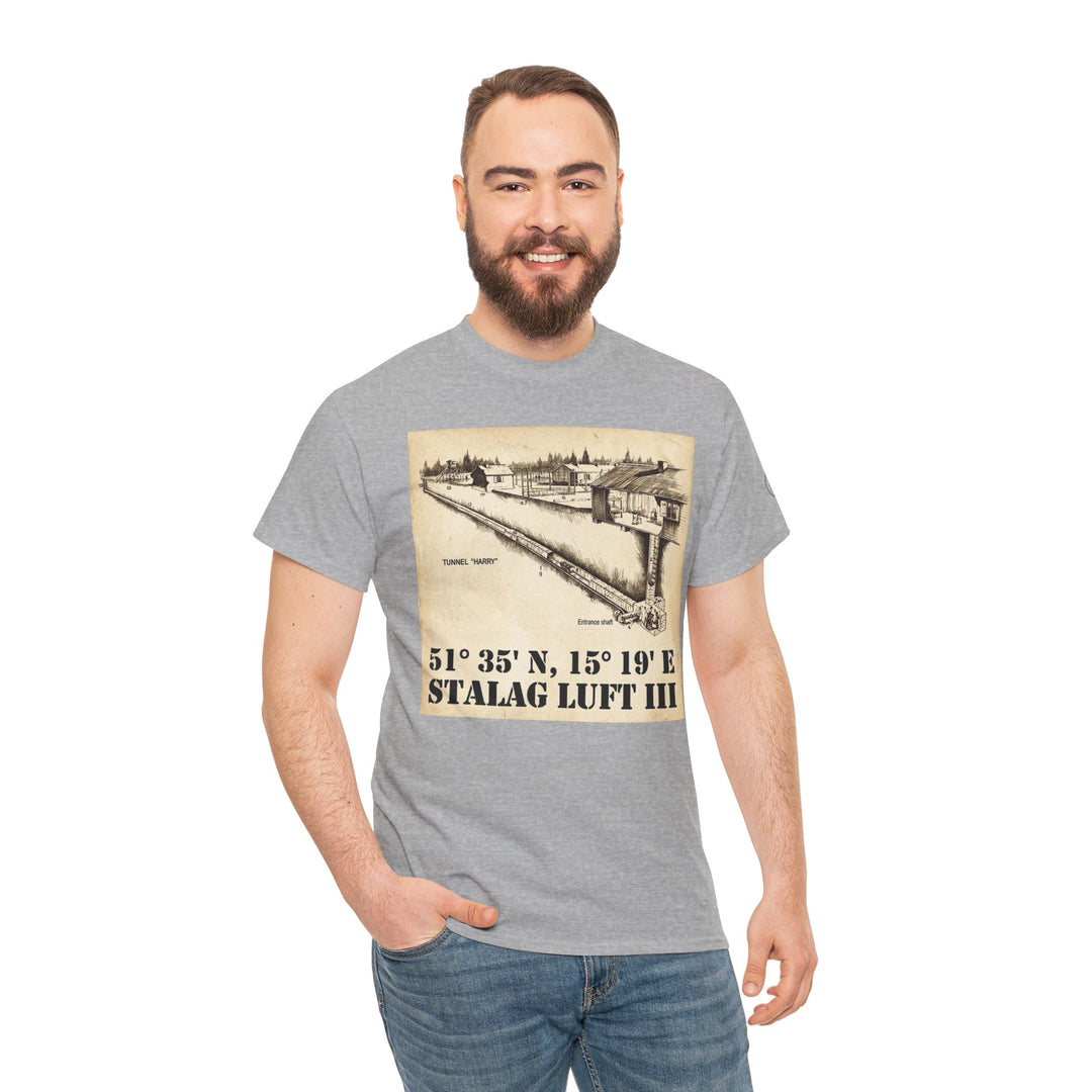 Gray graphic t-shirt from Veteran Owned, featuring a World War II Stalag Luft III coordinates design, worn with blue jeans.