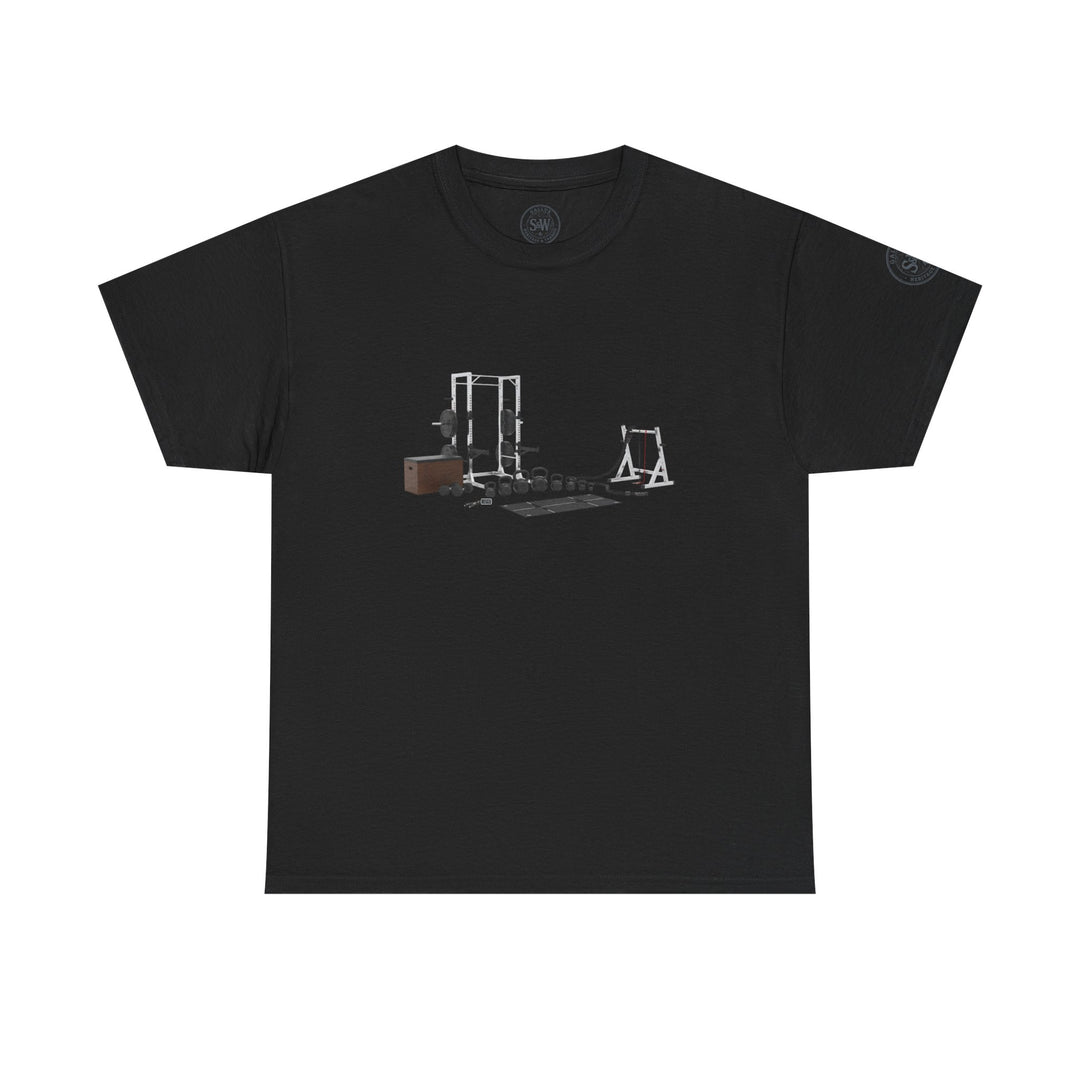 Black t-shirt by S&amp;W Gallus featuring a circuit set illustration on the chest and a logo on the sleeve.
