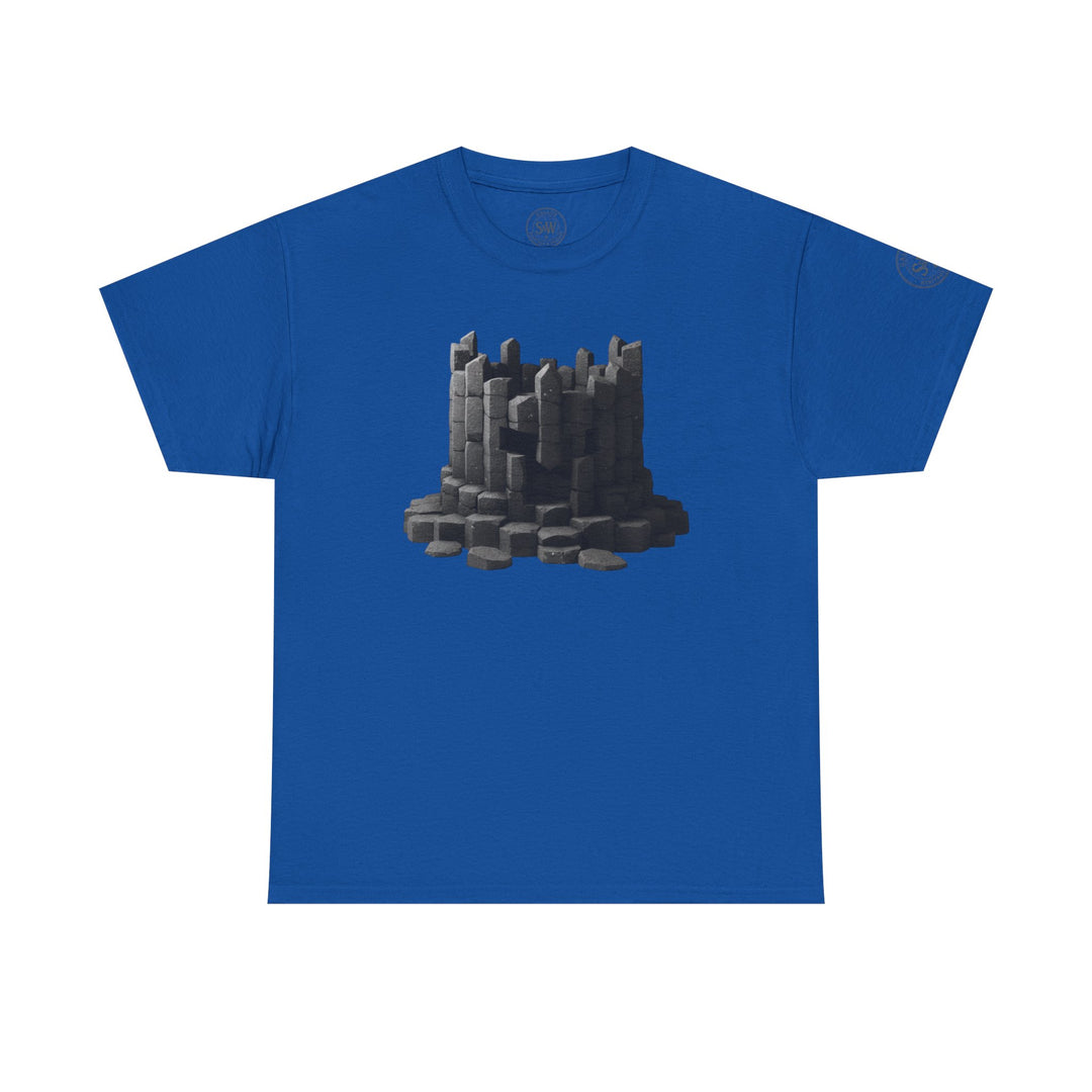 Blue t-shirt by S&amp;W Gallus featuring a dark gray stone pillar design on the front.
