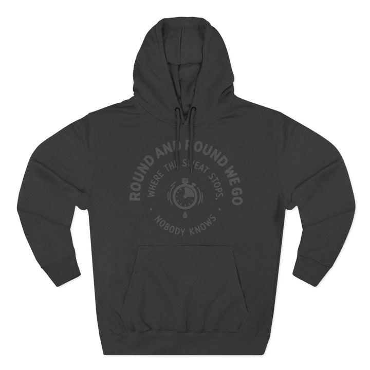 Gray hoodie by S&amp;W Gallus with a round text design featuring a stopwatch graphic.
