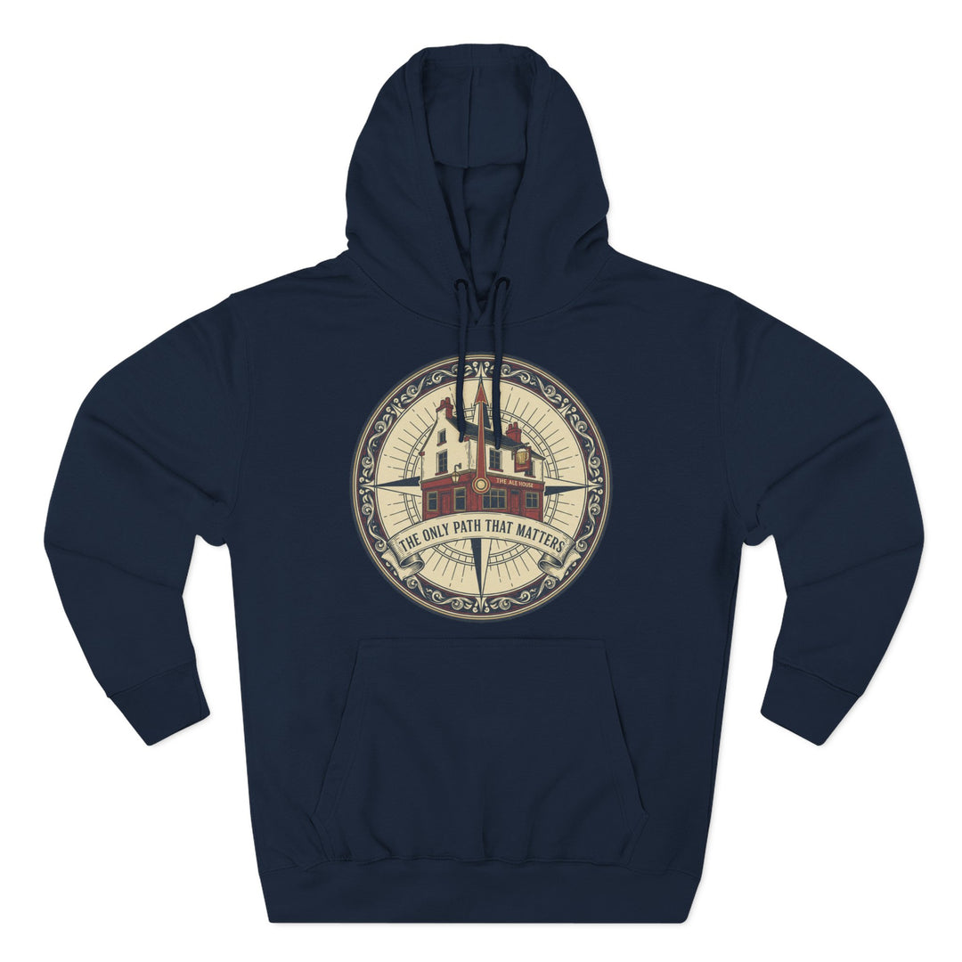 Navy hoodie by S&amp;W Gallus displaying a compass design with an ale house in the center and "The Only Path That Matters" inscribed below.
