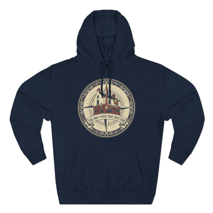 Navy hoodie by S&amp;W Gallus displaying a compass design with an ale house in the center and "The Only Path That Matters" inscribed below.