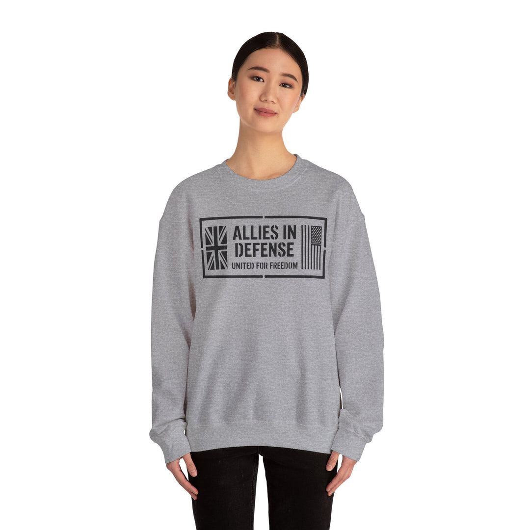 Gray crewneck sweatshirt with graphic print by S&amp;W Gallus, featuring the Union Jack and the American flag.