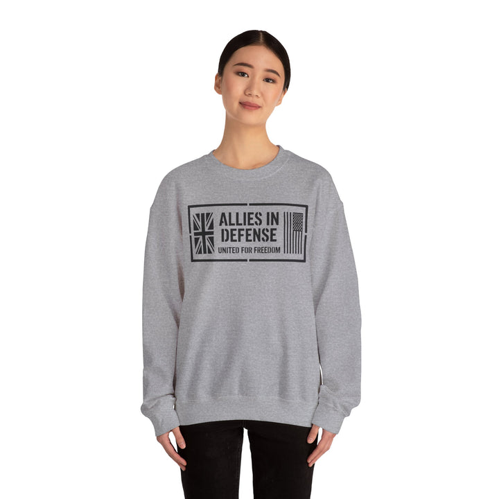 Gray crewneck sweatshirt with graphic print by S&amp;W Gallus, featuring the Union Jack and the American flag.