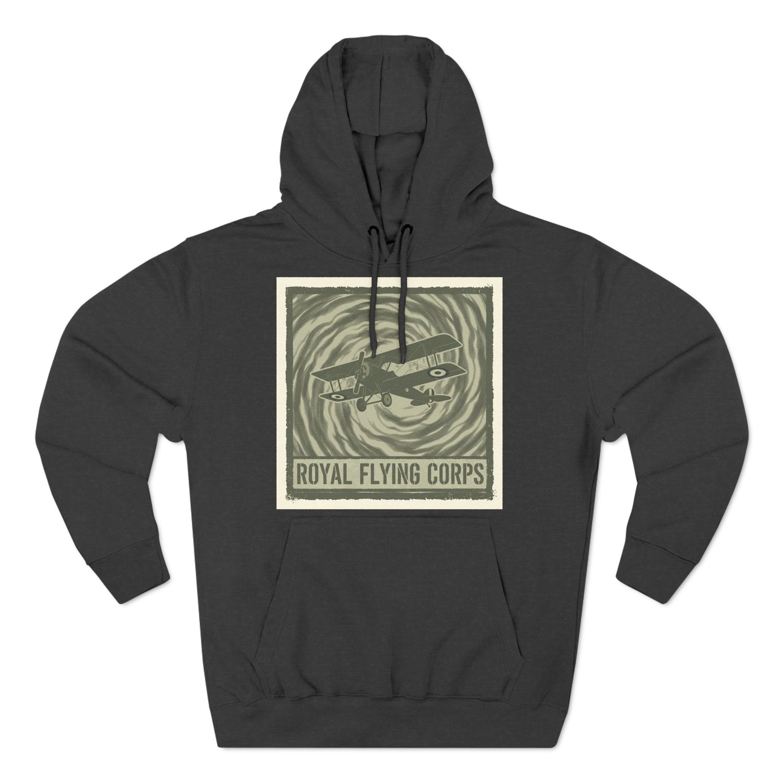 Dark gray hoodie by S&W Gallus featuring a biplane graphic and 'Royal Flying Corps' text on the front.