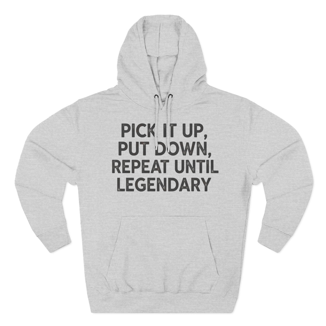 Heather grey hoodie by S&amp;W Gallus with a front pouch pocket and bold text on the chest.
