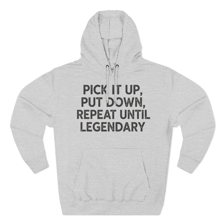 Heather grey hoodie by S&amp;W Gallus with a front pouch pocket and bold text on the chest.