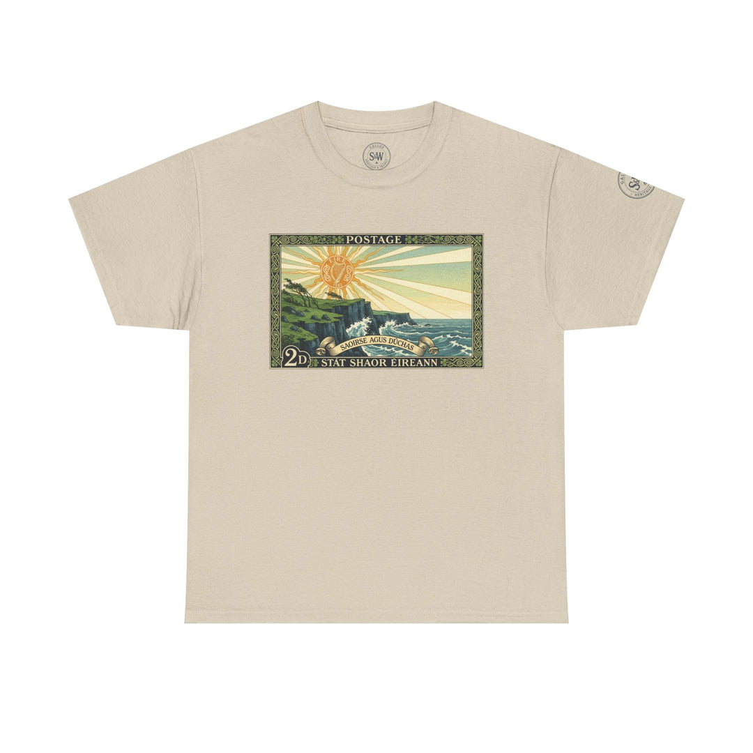 Beige t-shirt by S&amp;W Gallus featuring a vintage Irish postage stamp graphic in green, gold, and blue tones.