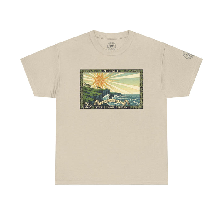 Beige t-shirt by S&amp;W Gallus featuring a vintage Irish postage stamp graphic in green, gold, and blue tones.