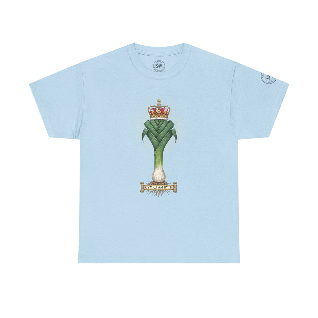 Light blue t-shirt by S&amp;W Gallus featuring a leek and crown graphic.