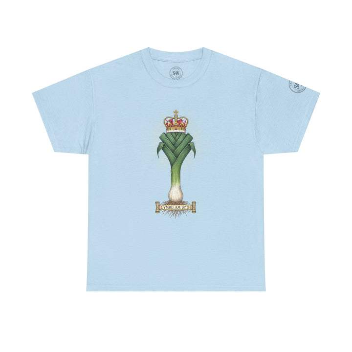 Light blue t-shirt by S&amp;W Gallus featuring a leek and crown graphic.