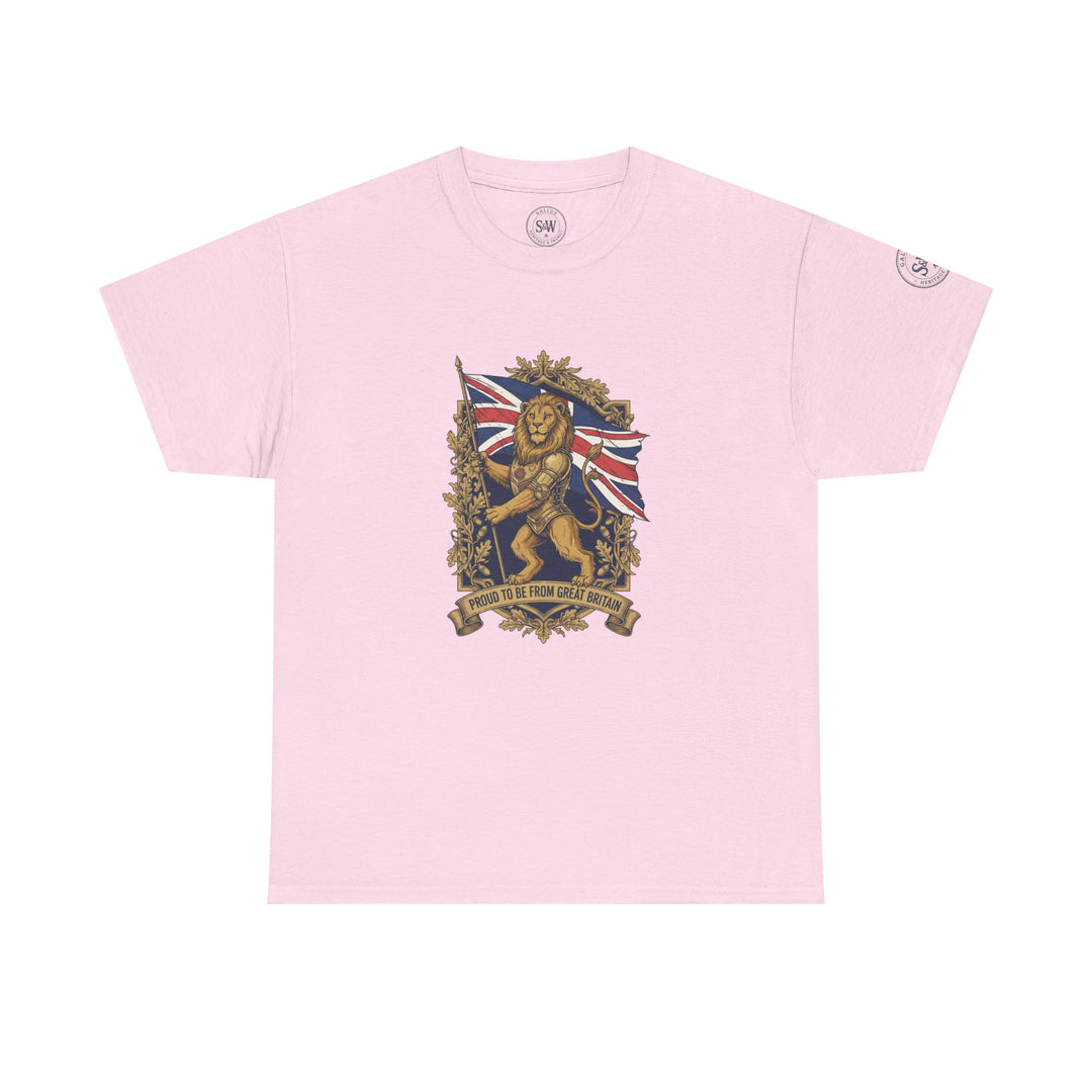 Light pink T-shirt from S&amp;W Gallus with a central British lion crest graphic.
