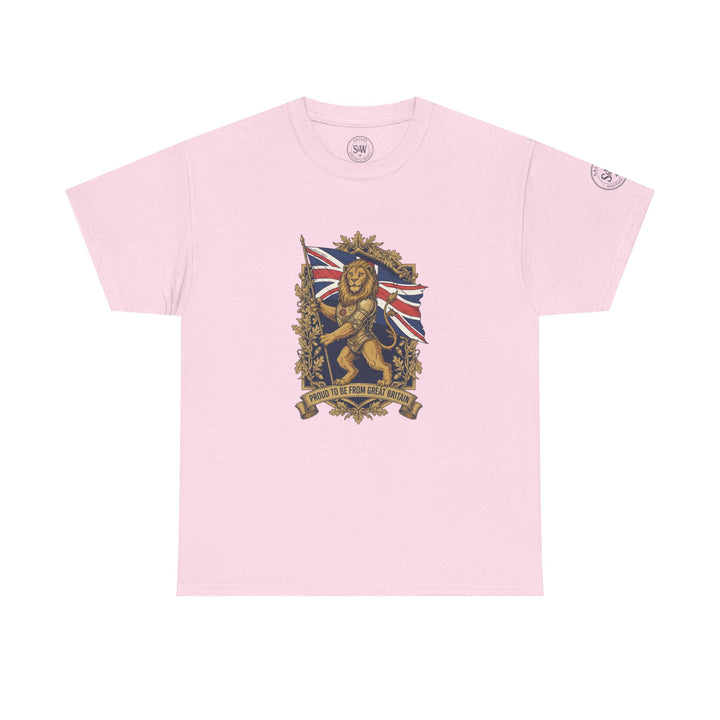 Light pink T-shirt from S&amp;W Gallus with a central British lion crest graphic.