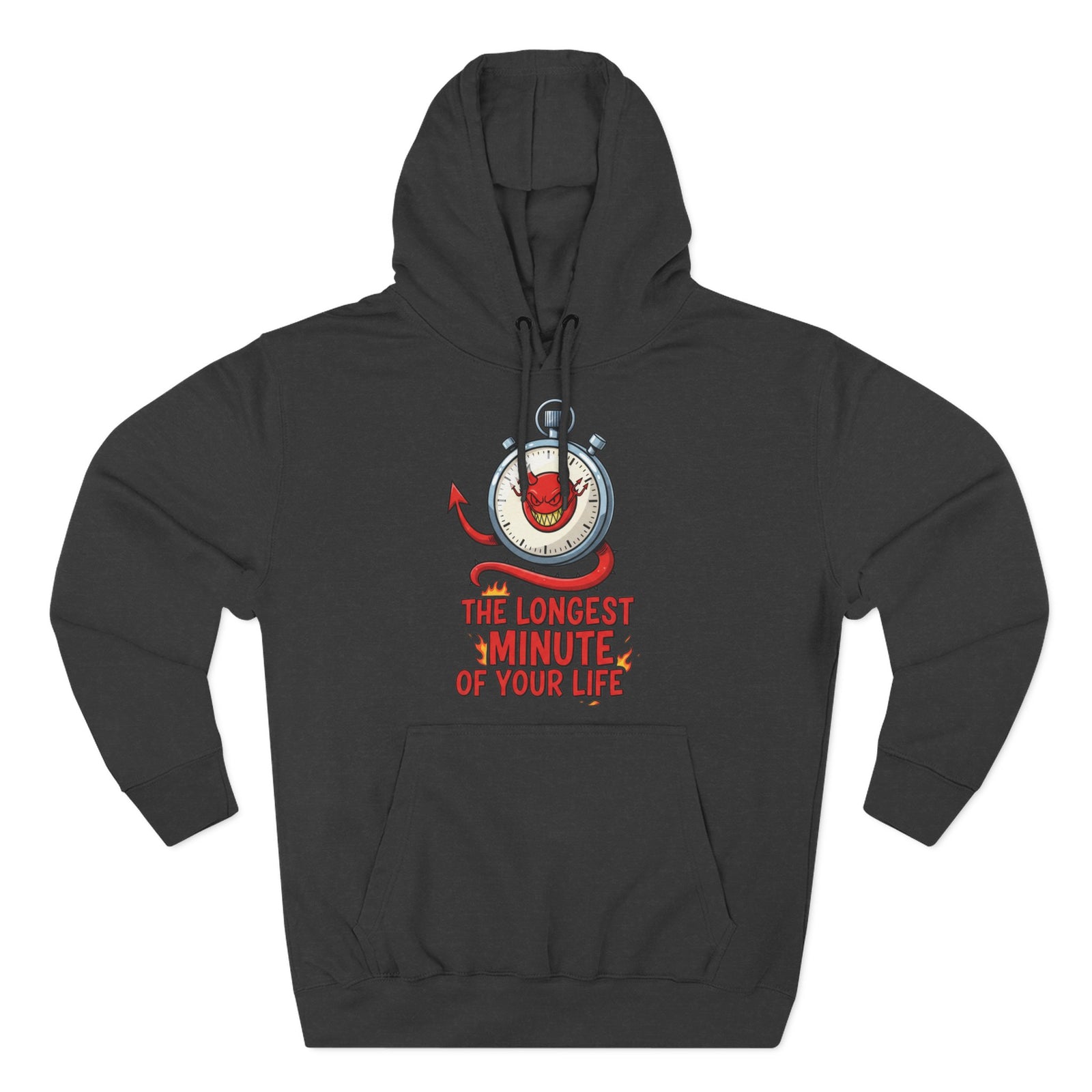 Gray hoodie by S&W Gallus, featuring a stopwatch with a devil inside and the text "The Longest Minute of Your Life".
