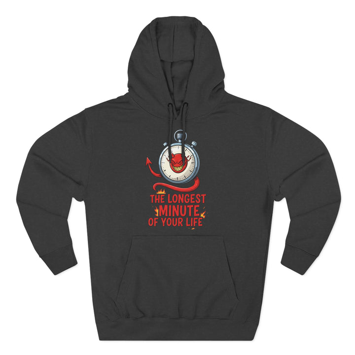Gray hoodie by S&amp;W Gallus, featuring a stopwatch with a devil inside and the text "The Longest Minute of Your Life".