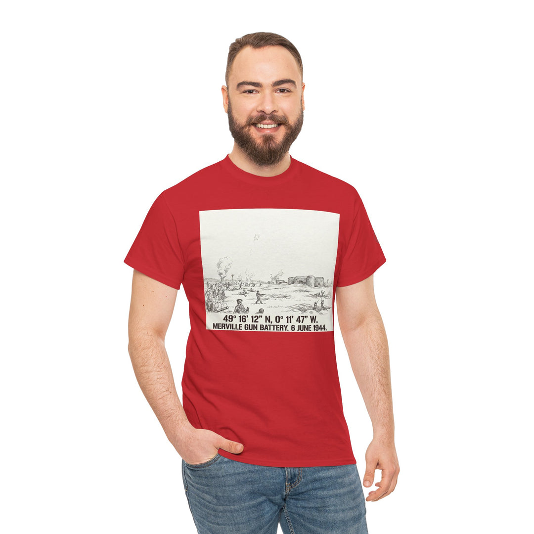 Red graphic t-shirt by Veteran owned, featuring a vintage Merville Gun Battery sketch print on the front, styled with blue jeans.