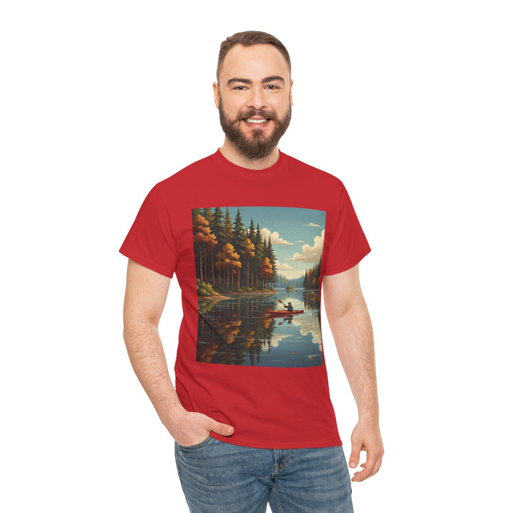 Red canoe landscape t-shirt by S&amp;W Gallus featuring a nature illustration worn with jeans.