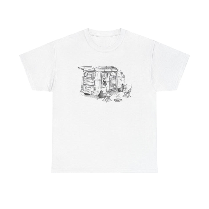Open Van Sketch T-Shirt featuring a detailed van illustration. Soft, breathable cotton with a relaxed fit for everyday casual style.