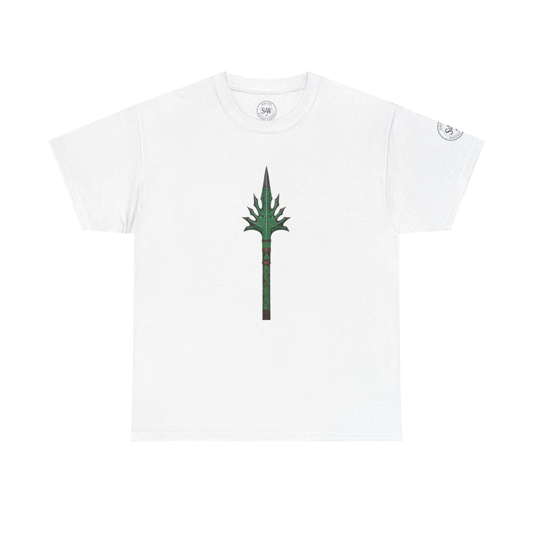 White graphic t-shirt by S&amp;W Gallus, featuring a green and brown spear design.
