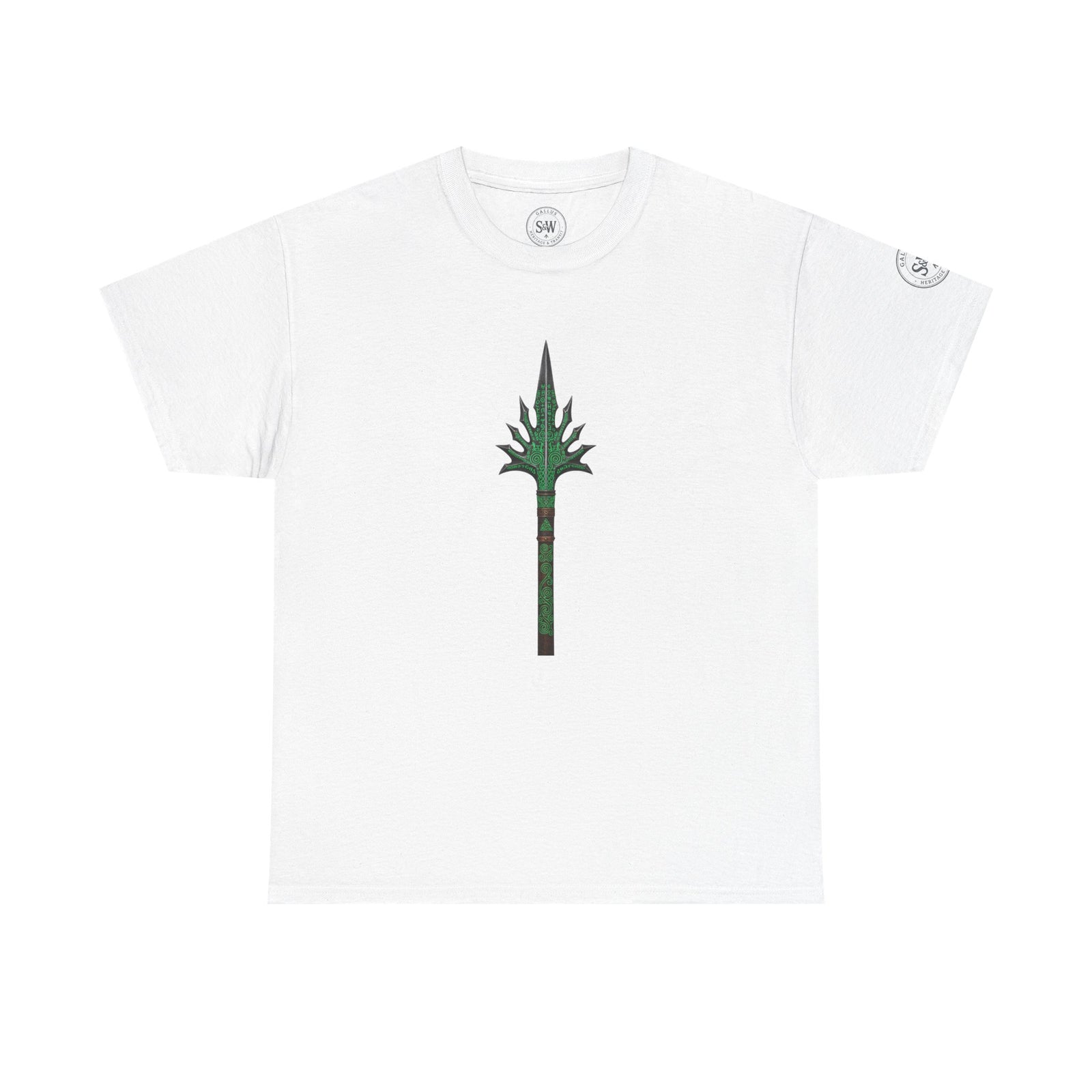 White graphic t-shirt by S&W Gallus, featuring a green and brown spear design.
