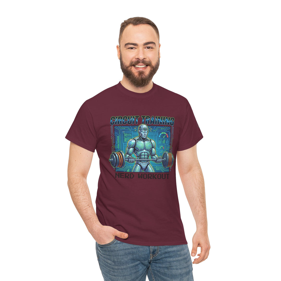 Maroon t-shirt by Veteran owned, featuring a robot weightlifter graphic with circuit training and nerd workout text, worn with jeans.