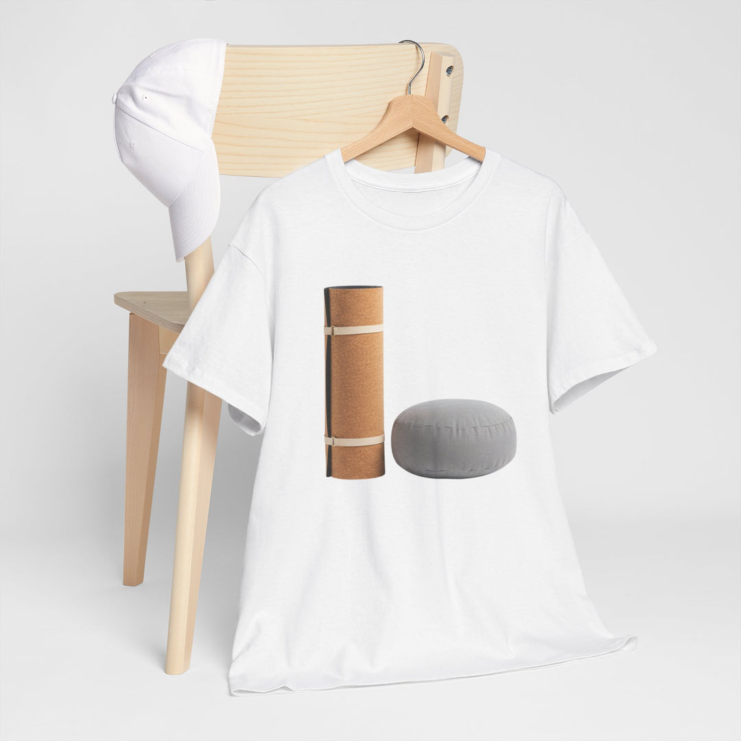 Mat &amp; Meditation Cushion Tee – soft, breathable cotton featuring a yoga-inspired design. Perfect for meditation, studio practice, or mindful everyday wear.
