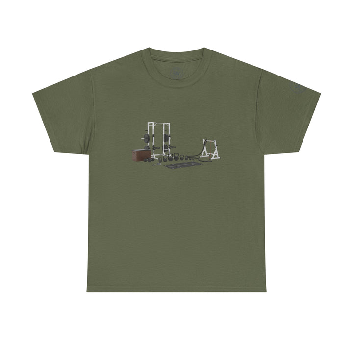 Olive drab t-shirt by S&amp;W Gallus displaying a graphic of a home gym.