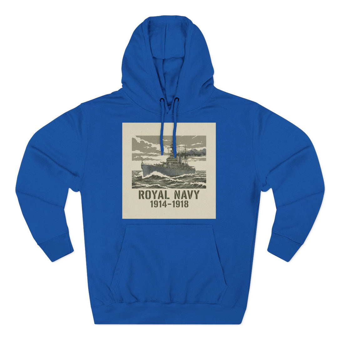 Blue hoodie by S&amp;W Gallus featuring a vintage ship graphic and "Royal Navy 1914-1918" text on the front.