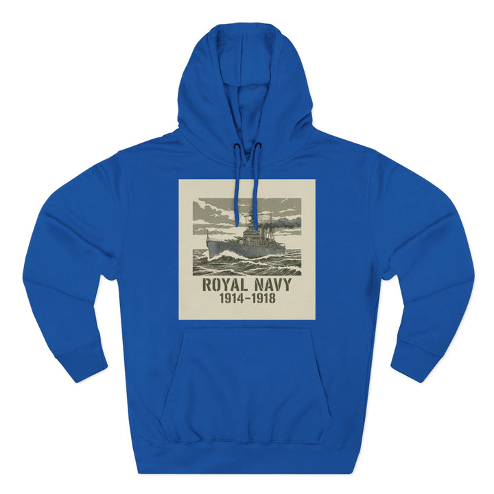 Blue hoodie by S&amp;W Gallus featuring a vintage ship graphic and "Royal Navy 1914-1918" text on the front.