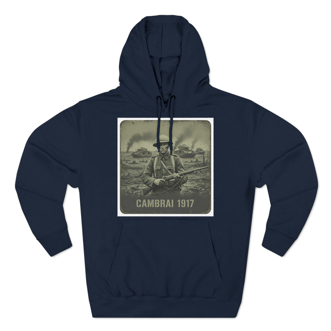 Navy military hoodie by S&amp;W Gallus featuring a Cambrai 1917 design, with drawstring hood and kangaroo pocket.