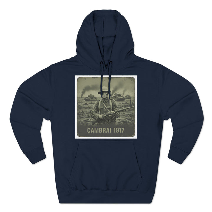Navy military hoodie by S&amp;W Gallus featuring a Cambrai 1917 design, with drawstring hood and kangaroo pocket.