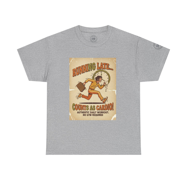 Gray t-shirt by S&amp;W Gallus featuring a retro graphic of a running man with the text "Running Late...Counts as Cardio!".
