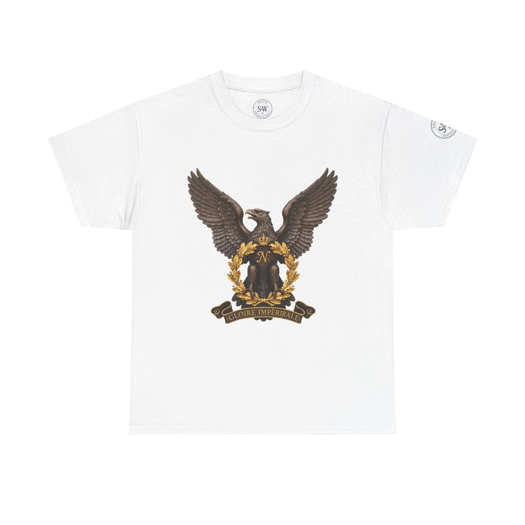 White t-shirt by S&amp;W Gallus, featuring a French Bonaparte eagle crest graphic on the front.