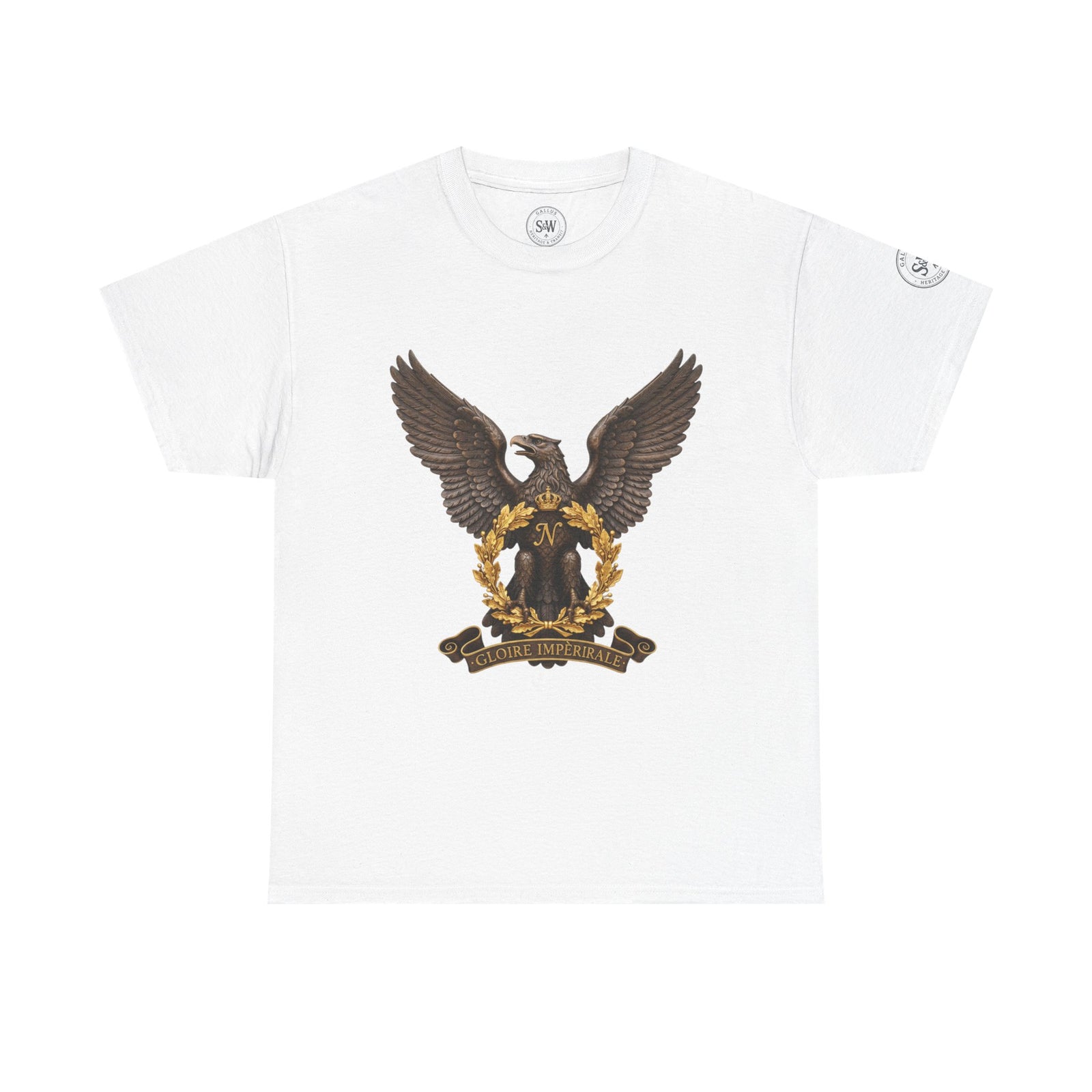 White t-shirt by S&W Gallus, featuring a French Bonaparte eagle crest graphic on the front.