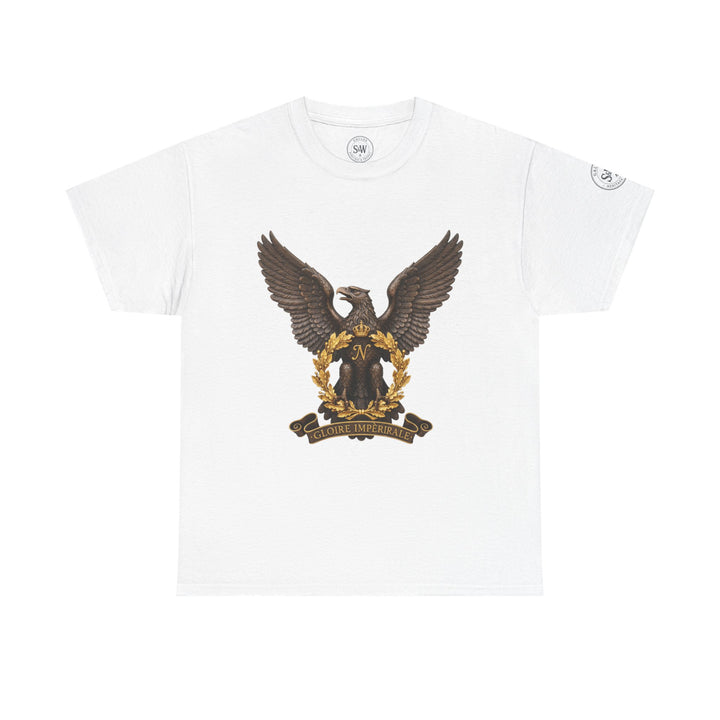 White t-shirt by S&amp;W Gallus, featuring a French Bonaparte eagle crest graphic on the front.