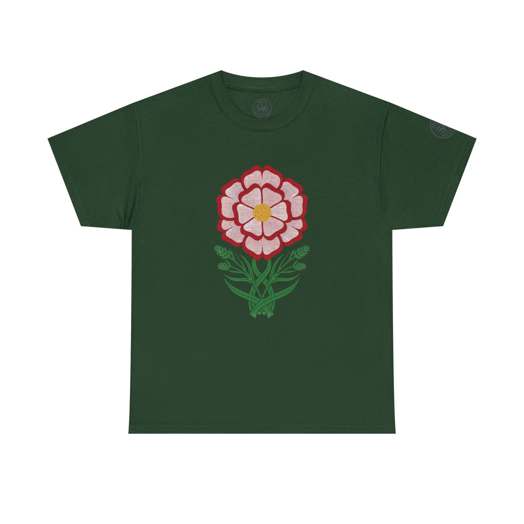 Forest green t-shirt by S&amp;W Gallus featuring a floral Tudor rose graphic on the front.