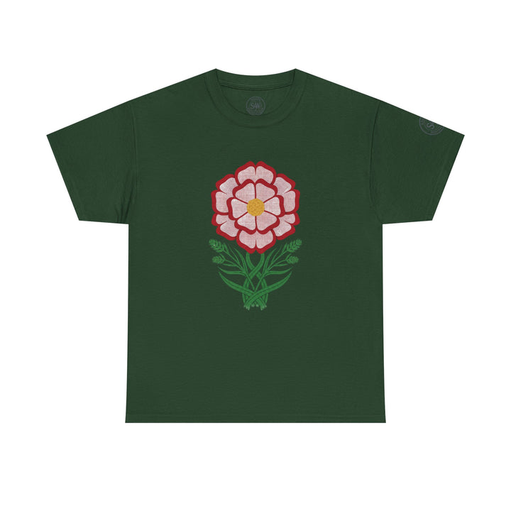 Forest green t-shirt by S&amp;W Gallus featuring a floral Tudor rose graphic on the front.