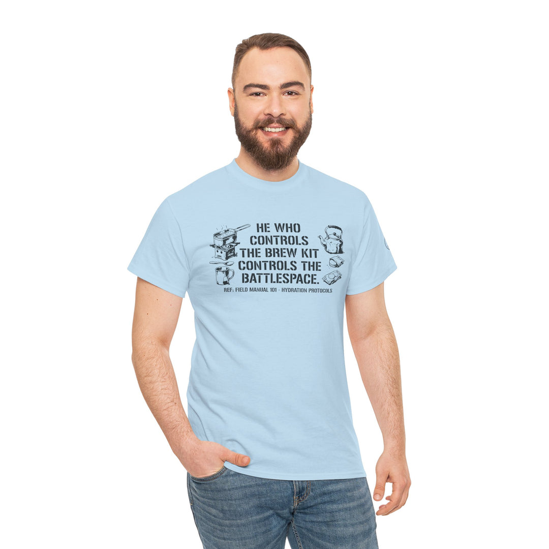 Light blue T-shirt with printed graphic by S&amp;W Gallus, worn with jeans by a bearded man.