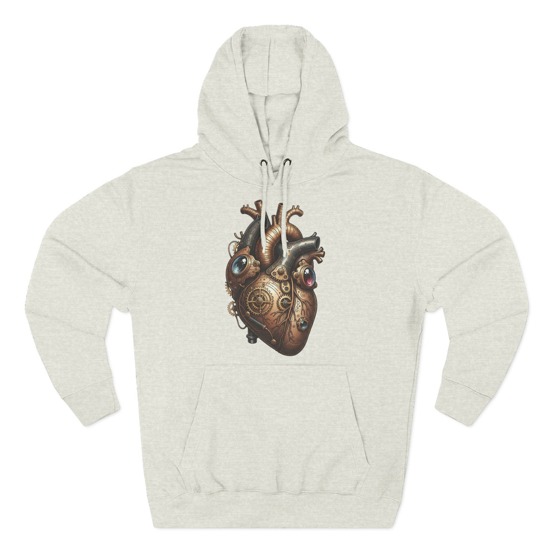 Hoodie with a metal cardio heart by S&amp;W Gallus, featuring a decorative steampunk design with gears and gauges.