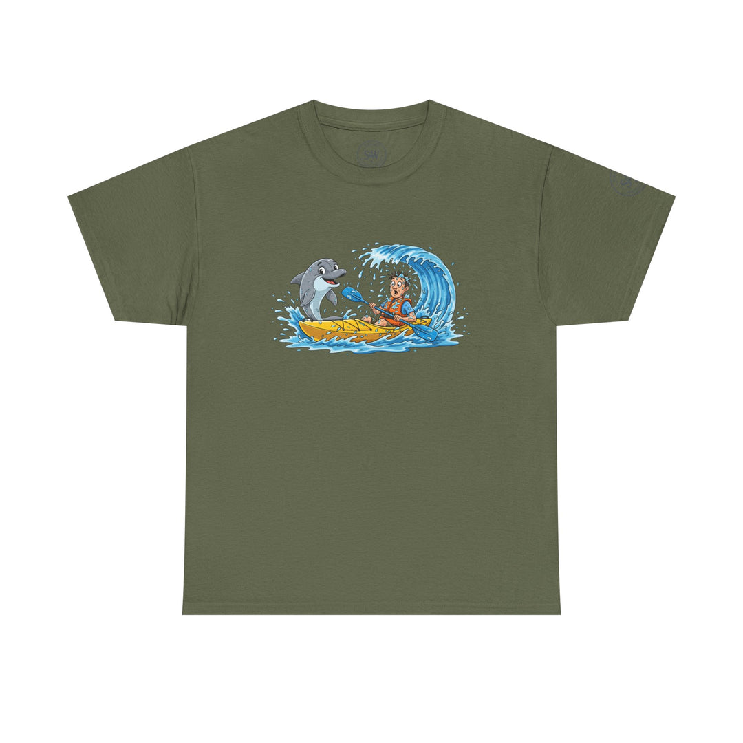 Olive green T-shirt by S&amp;W Gallus, featuring a cartoon graphic of a dolphin and kayaker in a wave.