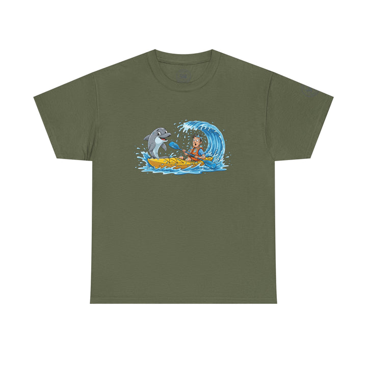 Olive green T-shirt by S&amp;W Gallus, featuring a cartoon graphic of a dolphin and kayaker in a wave.