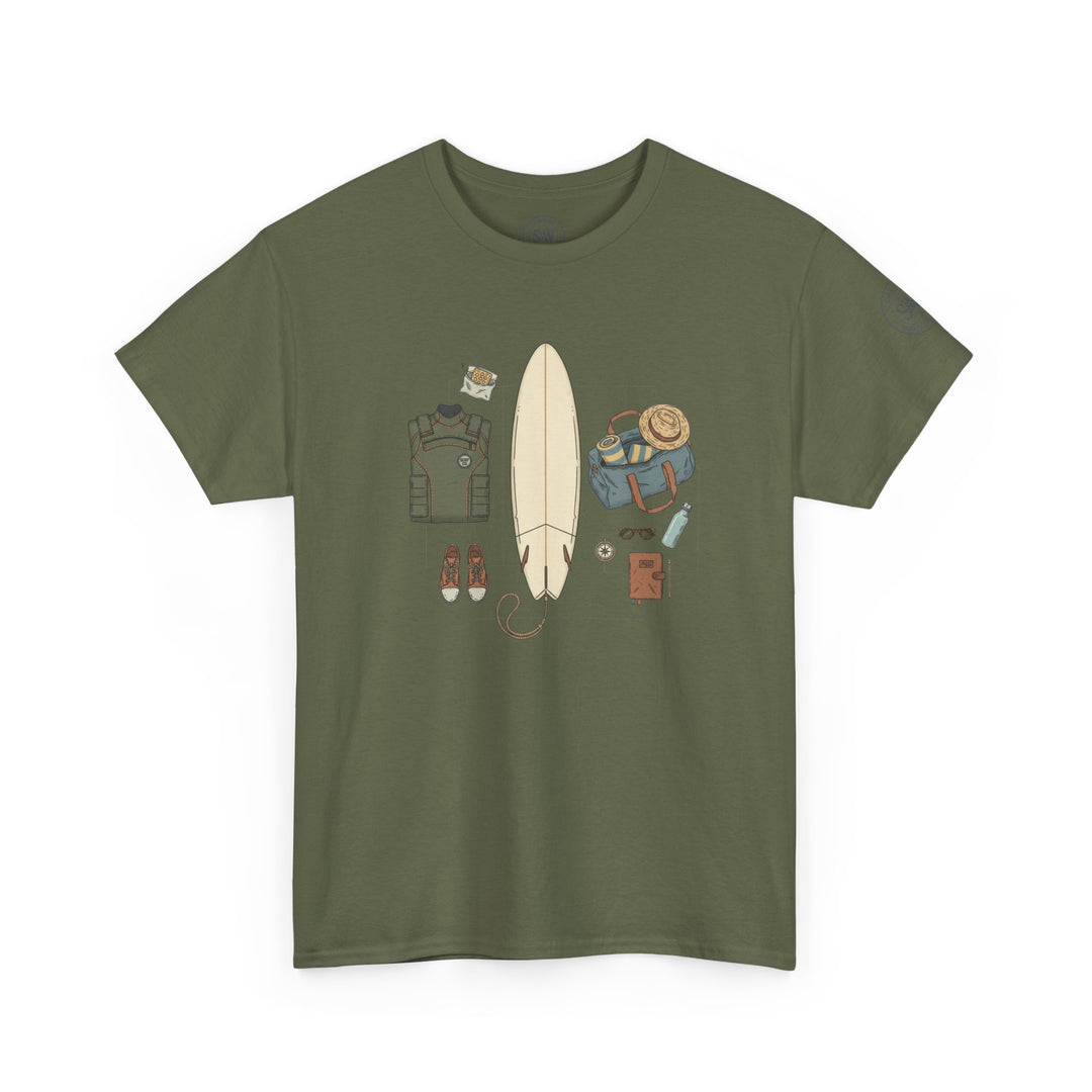 Olive green t-shirt by S&amp;W Gallus featuring surf trip gear graphic on the front.
