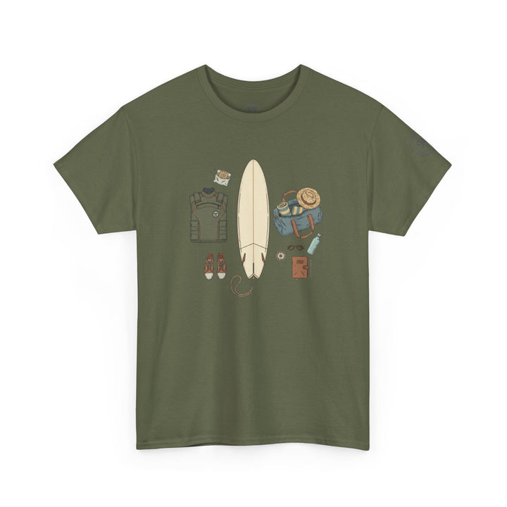 Olive green t-shirt by S&amp;W Gallus featuring surf trip gear graphic on the front.