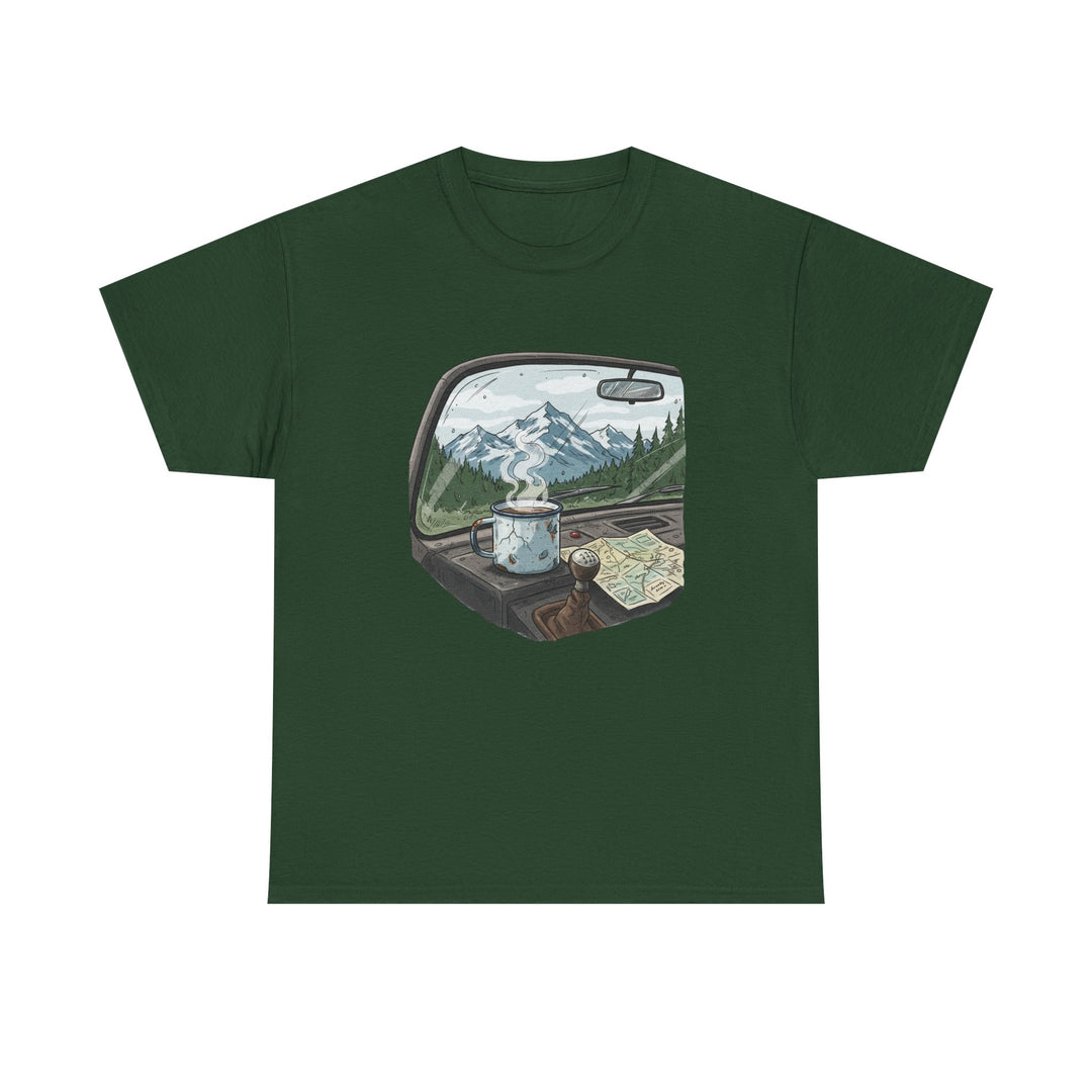 Van Roadtrip View T-Shirt featuring a scenic travel-inspired design. Soft cotton comfort perfect for van life, road trips, and outdoor adventures.