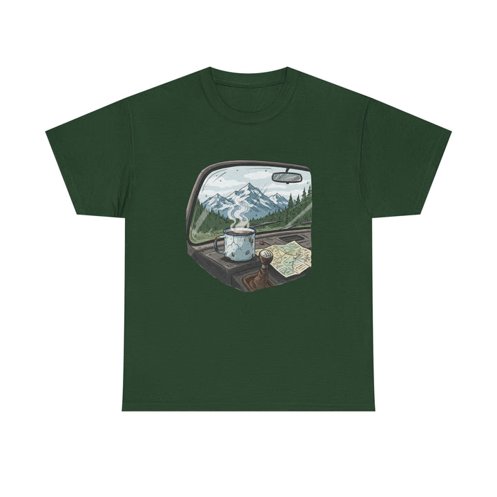 Van Roadtrip View T-Shirt featuring a scenic travel-inspired design. Soft cotton comfort perfect for van life, road trips, and outdoor adventures.
