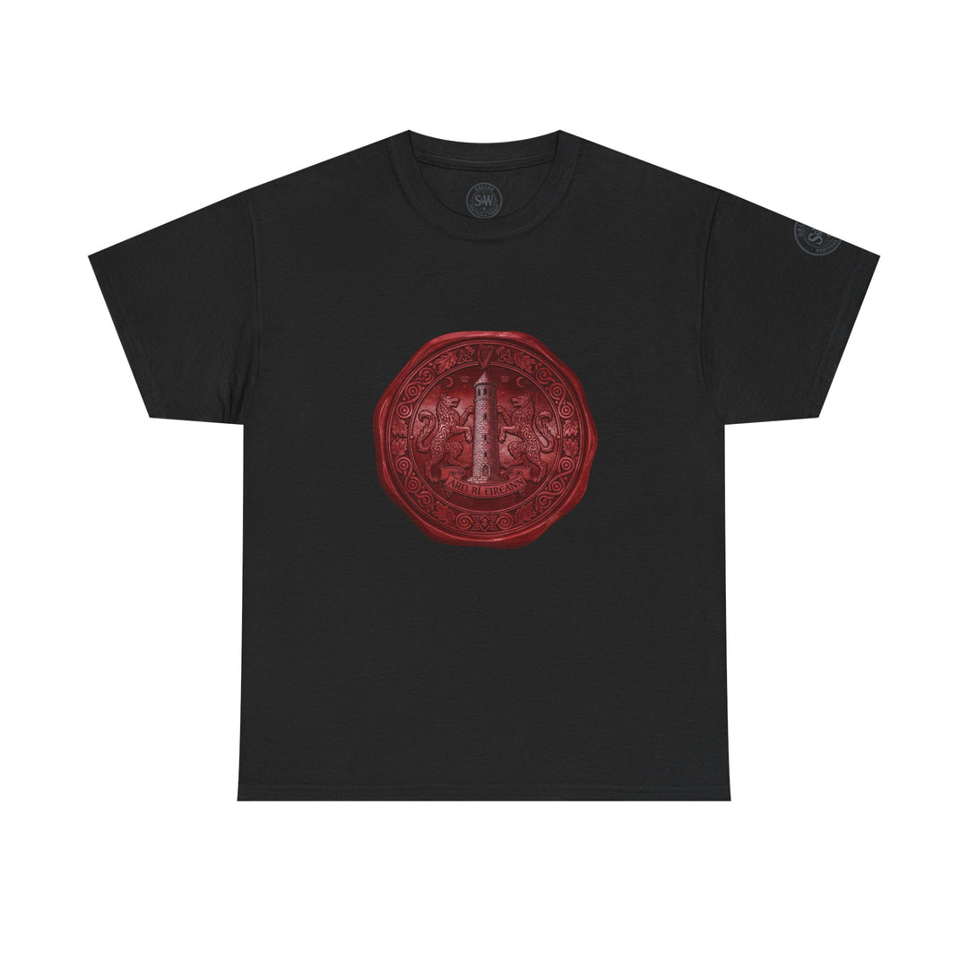 Black T-shirt by S&amp;W Gallus with a vintage wax seal design featuring heraldic imagery.