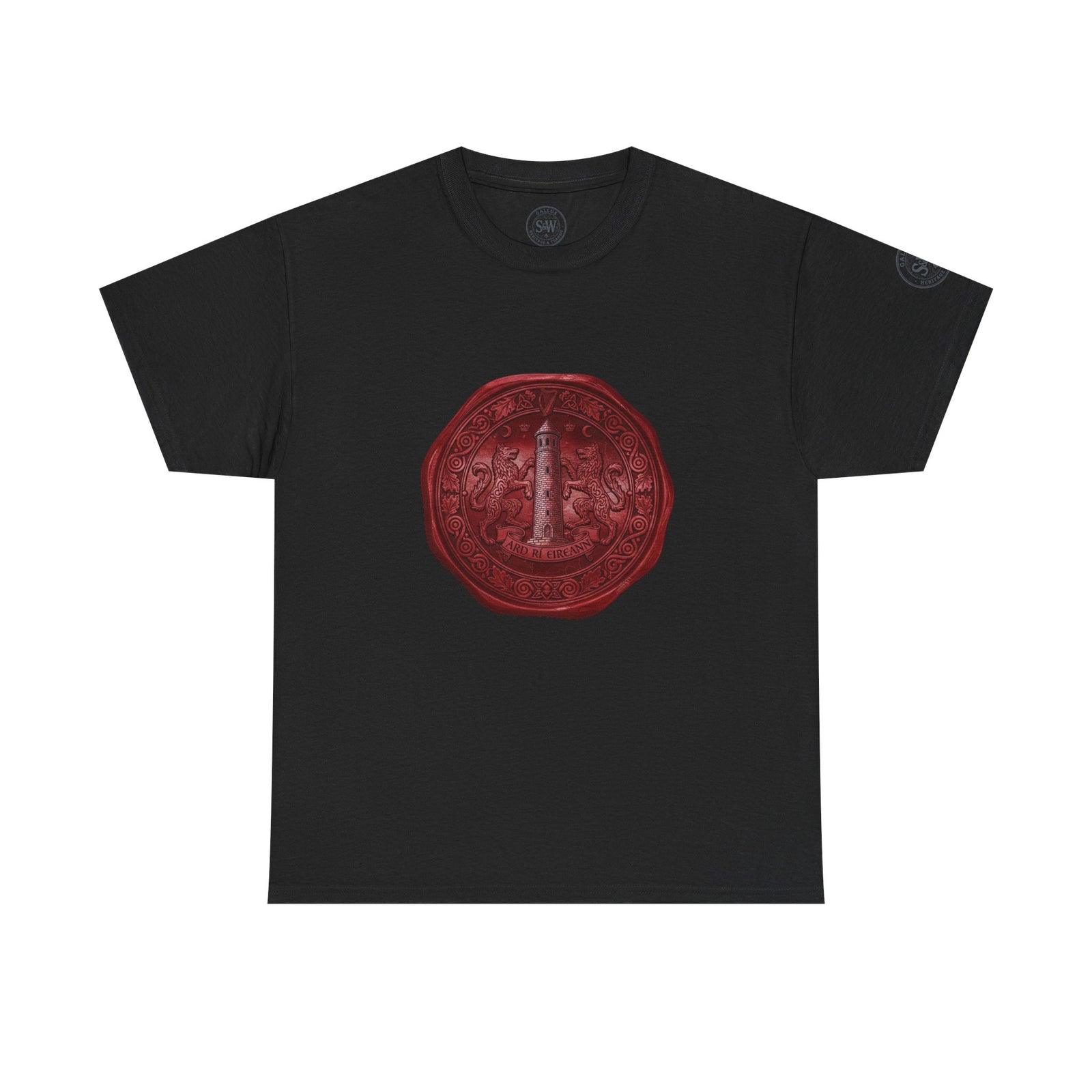 Black T-shirt by S&W Gallus with a vintage wax seal design featuring heraldic imagery.
