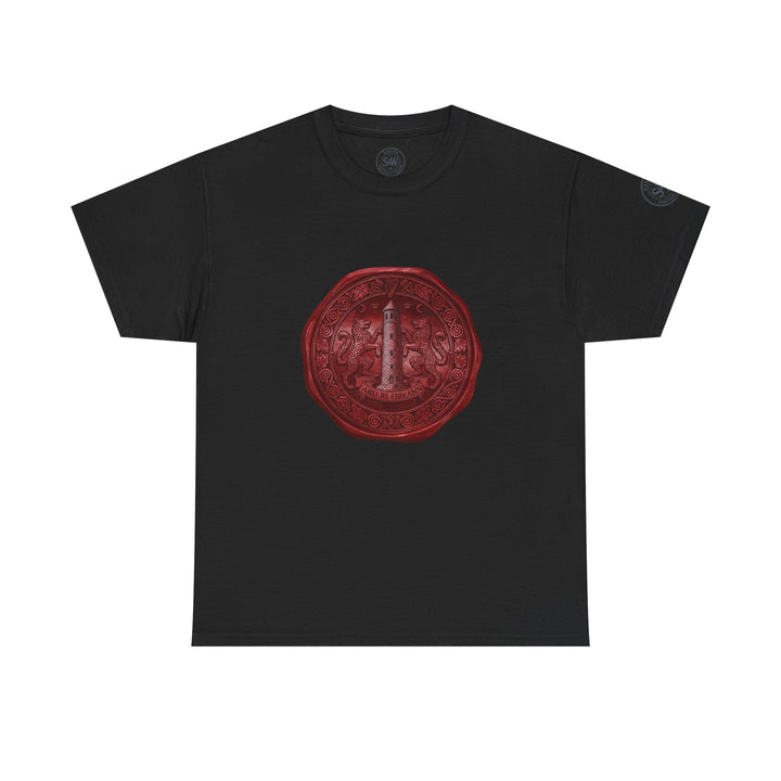 Black T-shirt by S&amp;W Gallus with a vintage wax seal design featuring heraldic imagery.
