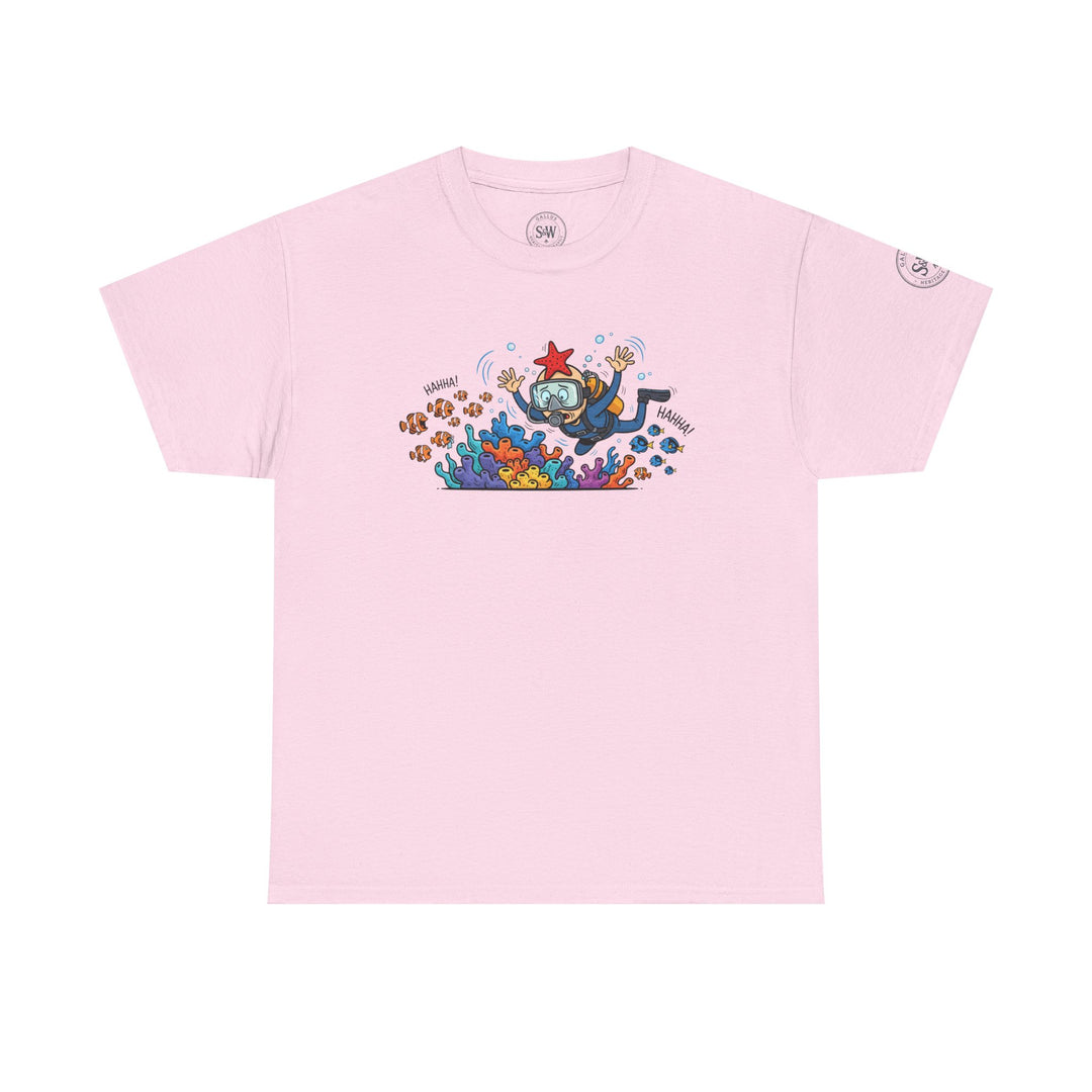 Light pink t-shirt by S&amp;W Gallus featuring a scuba diver, coral reef, and fish cartoon graphic.